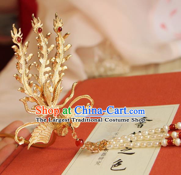 China Ancient Noble Woman Tassel Hairpin Traditional Hanfu Hair Accessories Ming Dynasty Golden Phoenix Hair Stick