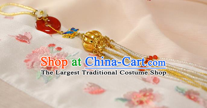 Chinese Traditional Cheongsam Golden Lantern Pendant Ancient Palace Lady Beads Tassel Brooch Accessories