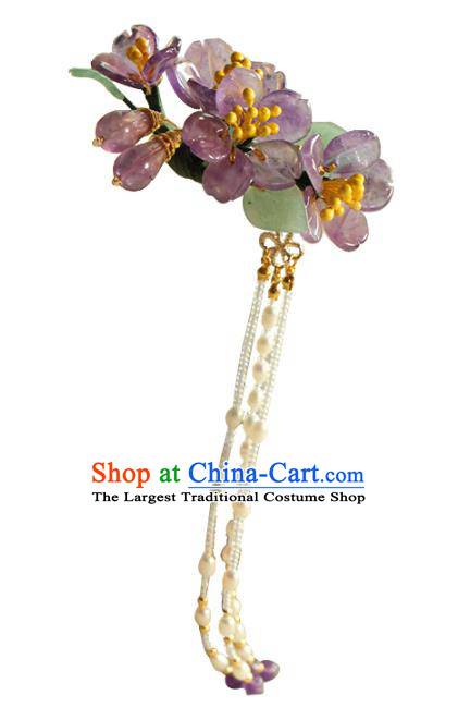 China Ancient Princess Amethyst Peach Blossom Hairpin Traditional Hanfu Hair Accessories Song Dynasty Pearls Tassel Hair Comb