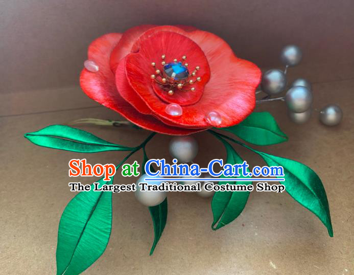 China Ancient Court Lady Hairpin Traditional Hanfu Hair Accessories Tang Dynasty Princess Red Camellia Hair Stick