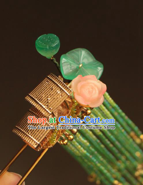 China Ancient Princess Green Beads Tassel Lotus Hairpin Traditional Hanfu Hair Accessories Song Dynasty Golden Boat Hair Stick
