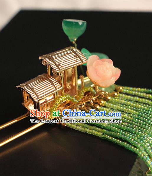 China Ancient Princess Green Beads Tassel Lotus Hairpin Traditional Hanfu Hair Accessories Song Dynasty Golden Boat Hair Stick