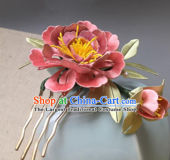 China Handmade Pink Peony Hairpin Traditional Hanfu Hair Accessories Ancient Song Dynasty Imperial Concubine Hair Comb