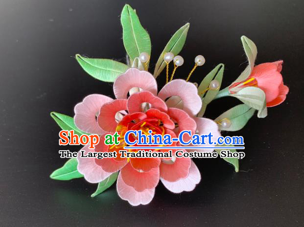 China Handmade Pink Peony Hairpin Traditional Hanfu Hair Accessories Ancient Song Dynasty Imperial Concubine Hair Comb