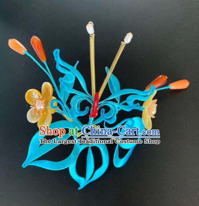 China Handmade Blue Silk Hairpin Traditional Hanfu Hair Accessories Ancient Song Dynasty Princess Shell Plum Hair Crown
