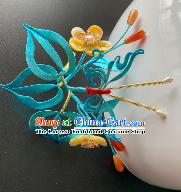 China Handmade Blue Silk Hairpin Traditional Hanfu Hair Accessories Ancient Song Dynasty Princess Shell Plum Hair Crown