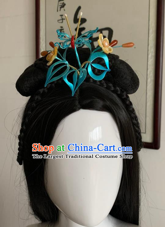 China Handmade Blue Silk Hairpin Traditional Hanfu Hair Accessories Ancient Song Dynasty Princess Shell Plum Hair Crown