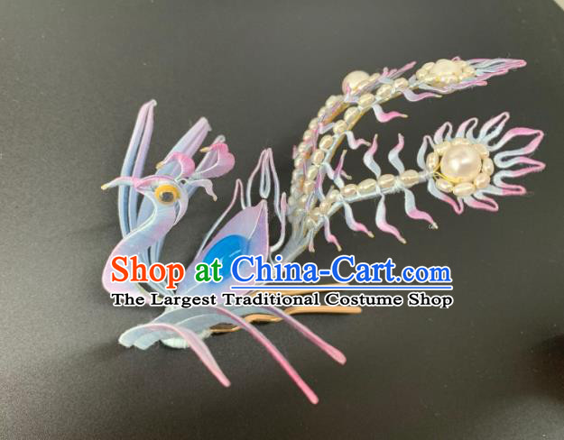 China Handmade Lilac Silk Phoenix Hairpin Traditional Hanfu Hair Accessories Ancient Ming Dynasty Princess Pearls Hair Crown