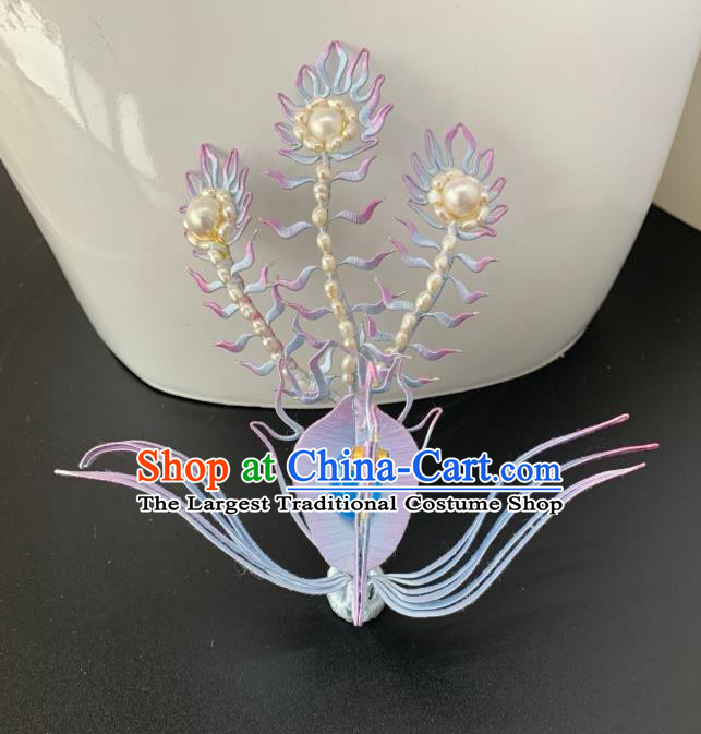 China Handmade Lilac Silk Phoenix Hairpin Traditional Hanfu Hair Accessories Ancient Ming Dynasty Princess Pearls Hair Crown