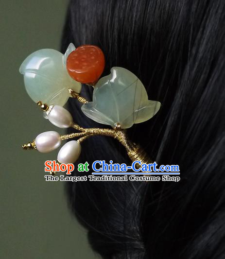 Chinese Ancient Palace Lady Pearls Hairpin Hair Accessories Traditional Song Dynasty Jade Lotus Hair Stick