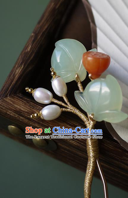 Chinese Ancient Palace Lady Pearls Hairpin Hair Accessories Traditional Song Dynasty Jade Lotus Hair Stick