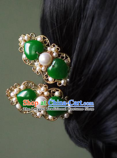 Chinese Ancient Noble Woman Jade Hairpin Hair Accessories Traditional Ming Dynasty Pearls Hair Stick