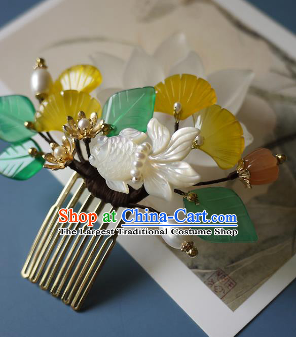 Chinese Ancient Princess Jade Ginkgo Leaf Hairpin Hair Accessories Traditional Song Dynasty Shell Goldfish Hair Comb