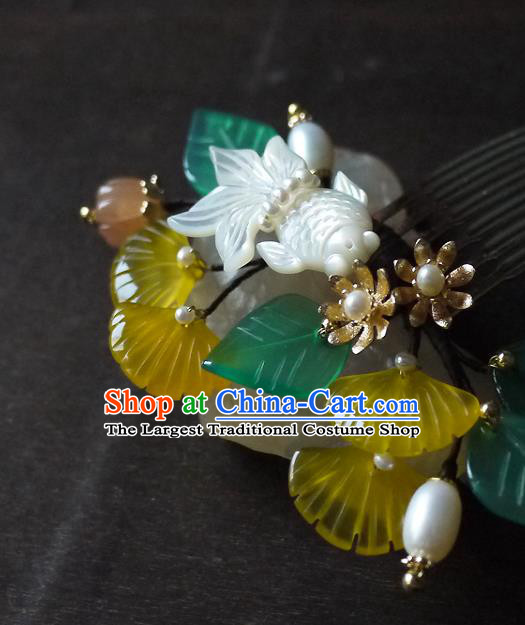 Chinese Ancient Princess Jade Ginkgo Leaf Hairpin Hair Accessories Traditional Song Dynasty Shell Goldfish Hair Comb