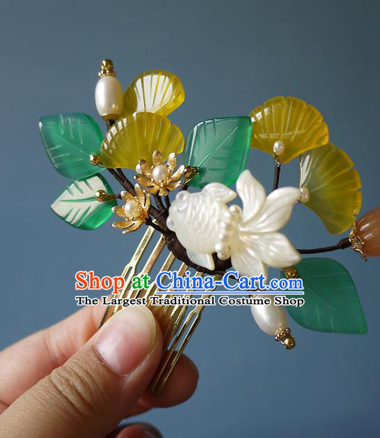Chinese Ancient Princess Jade Ginkgo Leaf Hairpin Hair Accessories Traditional Song Dynasty Shell Goldfish Hair Comb