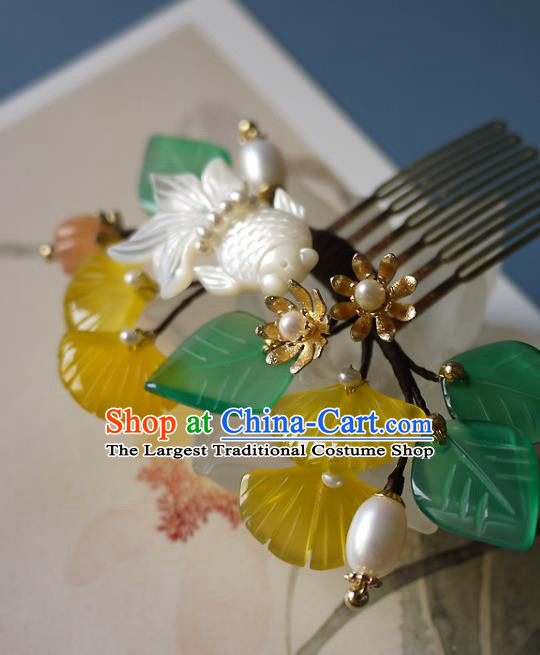 Chinese Ancient Princess Jade Ginkgo Leaf Hairpin Hair Accessories Traditional Song Dynasty Shell Goldfish Hair Comb