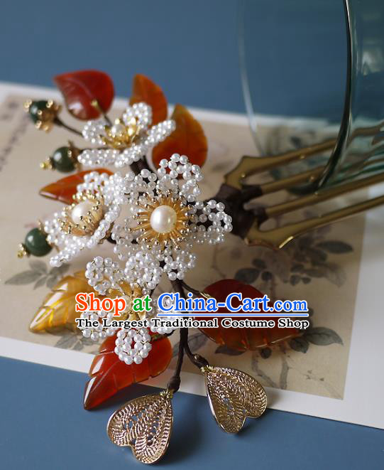 Chinese Ancient Court Beauty Pearls Flowers Hairpin Hair Accessories Traditional Song Dynasty Agate Leaf Hair Comb