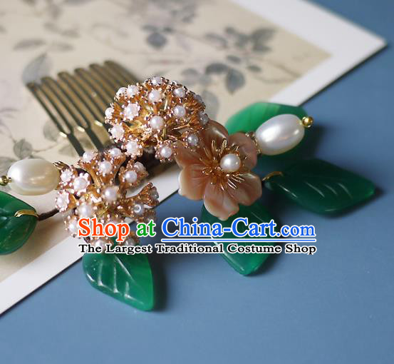 Chinese Ancient Princess Shell Flower Hairpin Hair Accessories Traditional Qing Dynasty Pearls Hair Comb