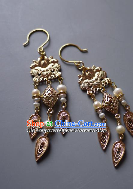 Chinese Ancient Court Pearls Tassel Ear Accessories Traditional Qing Dynasty Empress Golden Earrings