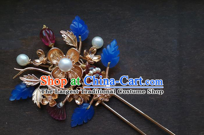 Chinese Ancient Imperial Consort Garnet Hairpin Hair Accessories Traditional Qing Dynasty Golden Plum Hair Stick