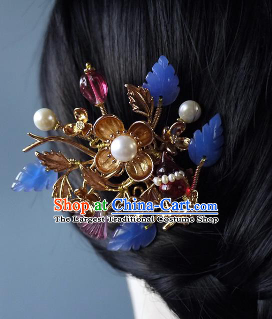 Chinese Ancient Imperial Consort Garnet Hairpin Hair Accessories Traditional Qing Dynasty Golden Plum Hair Stick
