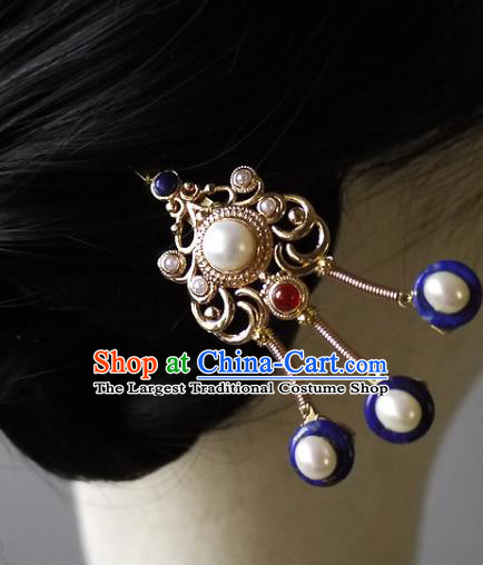 Chinese Ancient Empress Pearls Hairpin Hair Accessories Traditional Qing Dynasty Queen Golden Hair Stick