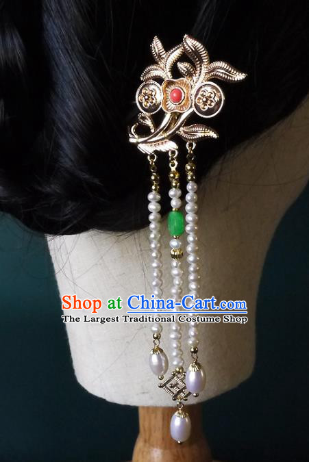 Chinese Ancient Palace Lady Pearls Tassel Hairpin Hair Accessories Traditional Song Dynasty Golden Orchids Hair Stick
