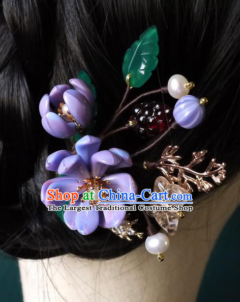 Chinese Ancient Royal Princess Purple Flowers Hairpin Traditional Ming Dynasty Palace Lady Hair Stick