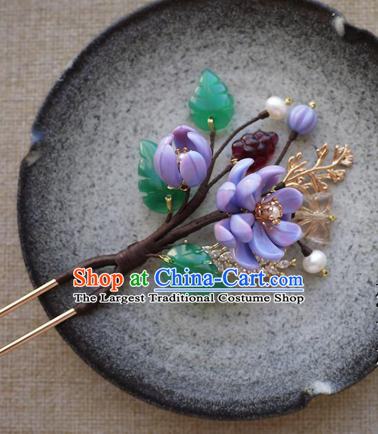 Chinese Ancient Royal Princess Purple Flowers Hairpin Traditional Ming Dynasty Palace Lady Hair Stick