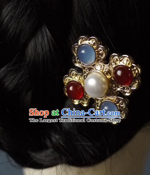 Chinese Ancient Queen Golden Hairpin Traditional Ming Dynasty Empress Gems Hair Stick