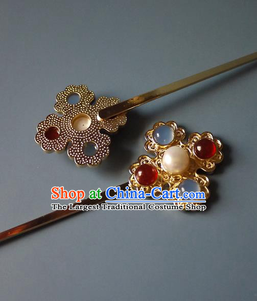 Chinese Ancient Queen Golden Hairpin Traditional Ming Dynasty Empress Gems Hair Stick