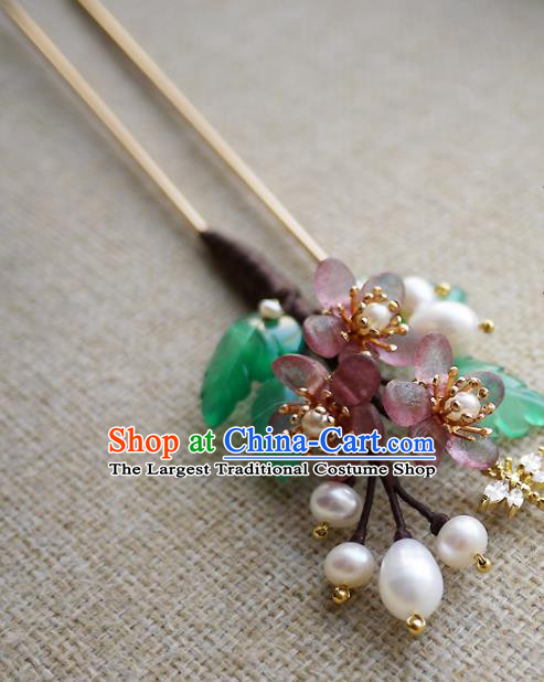 Chinese Ancient Court Lady Pearls Hairpin Traditional Ming Dynasty Princess Plum Blossom Hair Stick