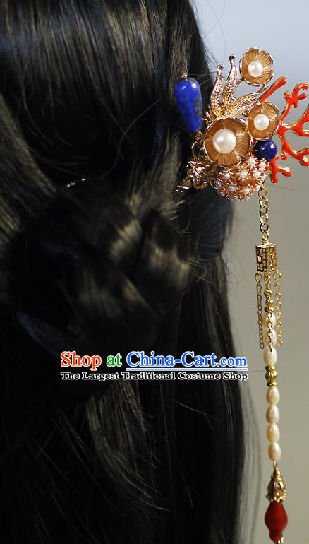 Chinese Ancient Empress Golden Tassel Hairpin Traditional Qing Dynasty Queen Coral Hair Stick