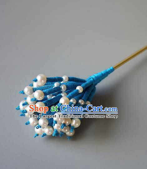 Chinese Ancient Imperial Consort Blue Hairpin Traditional Qing Dynasty Court Woman Pearls Hair Stick