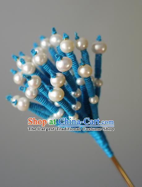 Chinese Ancient Imperial Consort Blue Hairpin Traditional Qing Dynasty Court Woman Pearls Hair Stick