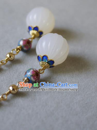 Chinese Ancient Qing Dynasty Empress White Jade Ear Accessories Traditional Cheongsam Enamel Earrings