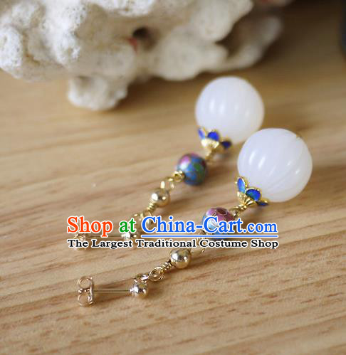 Chinese Ancient Qing Dynasty Empress White Jade Ear Accessories Traditional Cheongsam Enamel Earrings