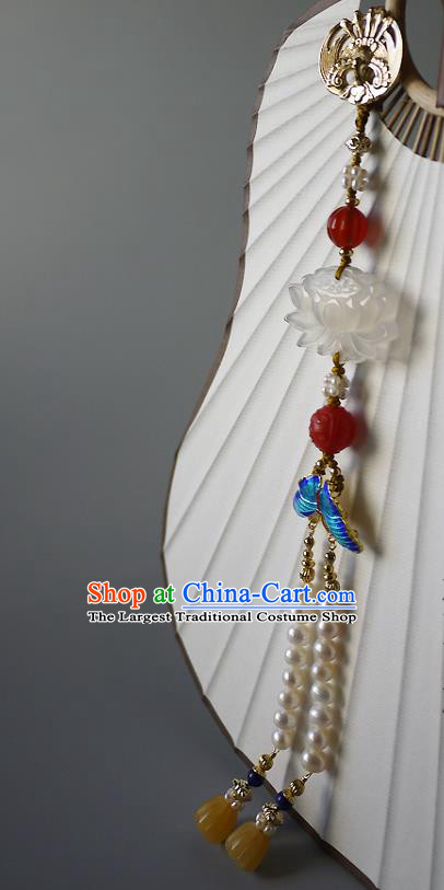 China Traditional Cheongsam Jade Lotus Accessories Ancient Qing Dynasty Pearls Tassel Brooch Pendant