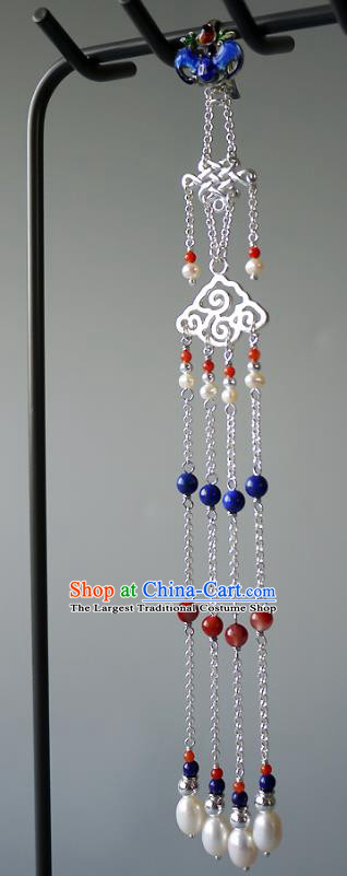 China Traditional Cheongsam Blueing Bat Accessories Ancient Qing Dynasty Imperial Consort Pearls Tassel Brooch Pendant