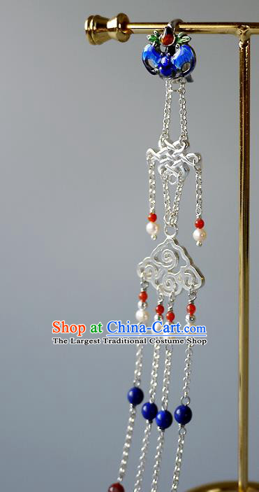 China Traditional Cheongsam Blueing Bat Accessories Ancient Qing Dynasty Imperial Consort Pearls Tassel Brooch Pendant