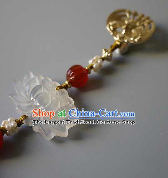 China Traditional Cheongsam Jade Lotus Accessories Ancient Qing Dynasty Pearls Tassel Brooch Pendant