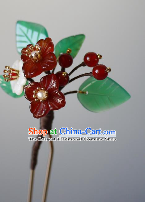 Chinese Ancient Young Woman Hairpin Traditional Qing Dynasty Court Lady Agate Flowers Hair Stick Headwear
