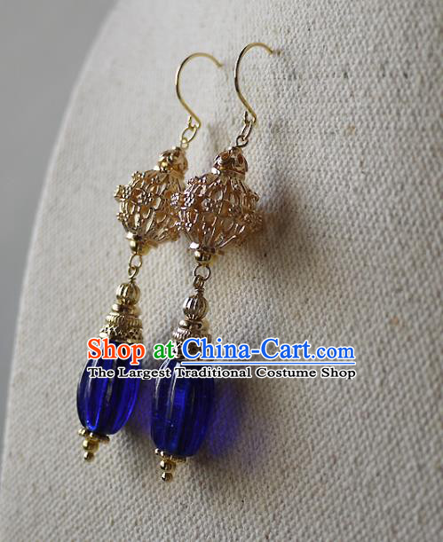 Chinese Ancient Qing Dynasty Palace Lady Ear Accessories Traditional Cheongsam Golden Lantern Earrings