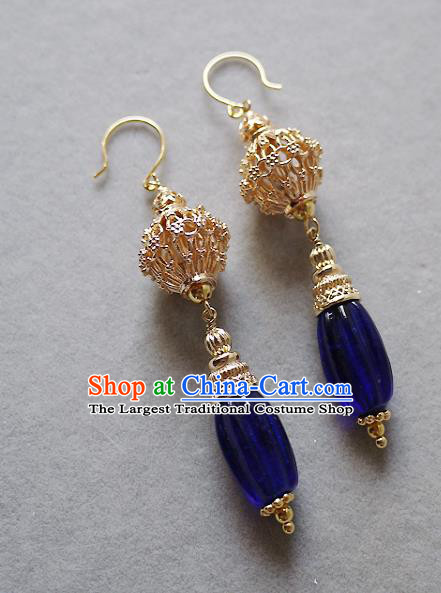 Chinese Ancient Qing Dynasty Palace Lady Ear Accessories Traditional Cheongsam Golden Lantern Earrings