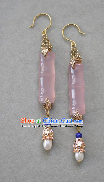 Chinese Ancient Imperial Consort Rose Quartz Ear Accessories Traditional Cheongsam Pearls Earrings