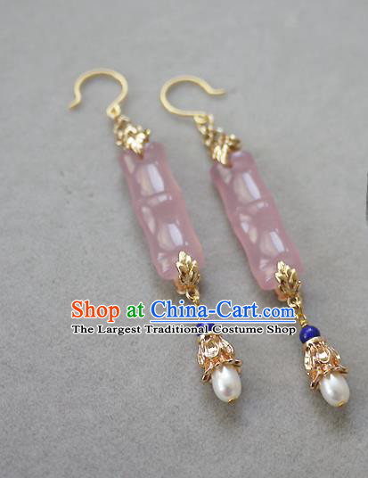 Chinese Ancient Imperial Consort Rose Quartz Ear Accessories Traditional Cheongsam Pearls Earrings