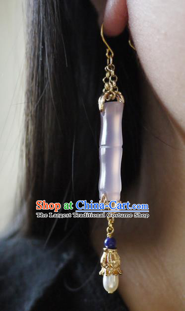Chinese Ancient Imperial Consort Rose Quartz Ear Accessories Traditional Cheongsam Pearls Earrings