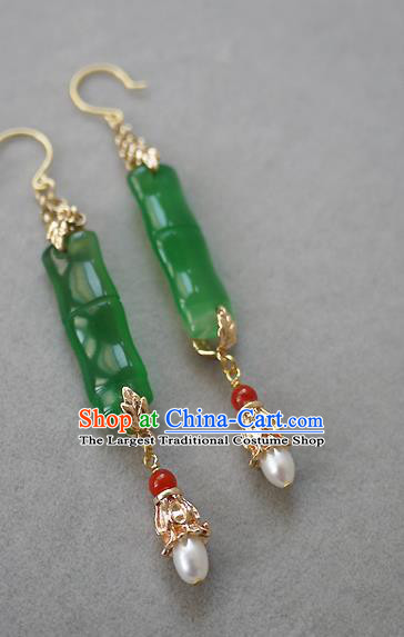 Chinese Ancient Palace Woman Ear Accessories Traditional Cheongsam Chrysoprase Bamboo Earrings