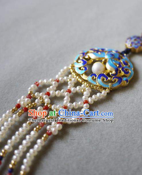 China Traditional Cheongsam Pearls Tassel Accessories Ancient Qing Dynasty Cloisonne Lotus Brooch Pendant
