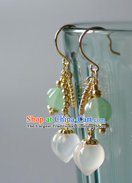 Chinese Ancient Court Lady Ear Accessories Traditional Qing Dynasty White Chalcedony Earrings